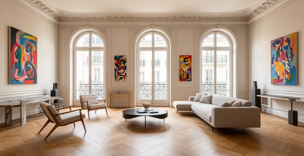 Salon spacieux d'appartement parisien rénové avec parquet chevron, moulures et grandes fenêtres lumineuses