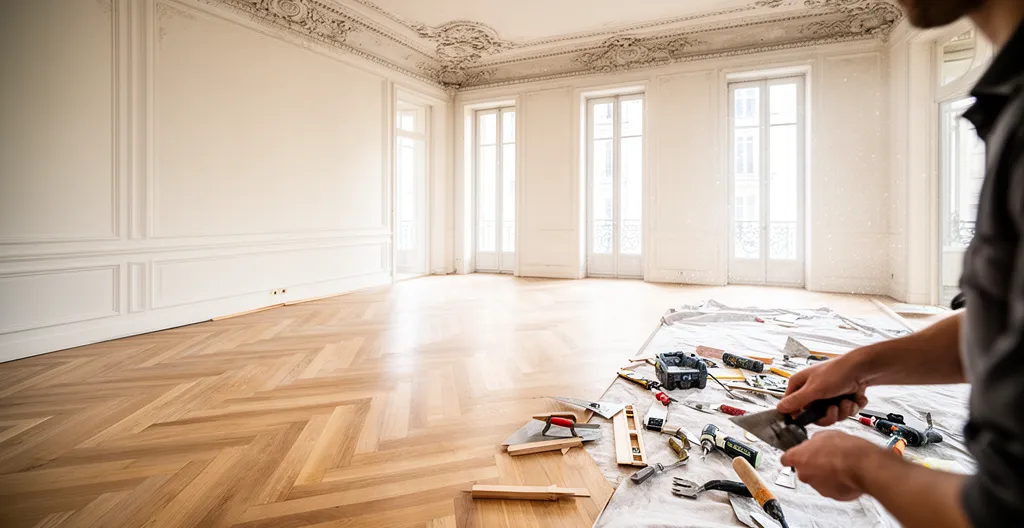 Appartement parisien en cours de rénovation avec parquet chêne posé partiellement et moulures restaurées