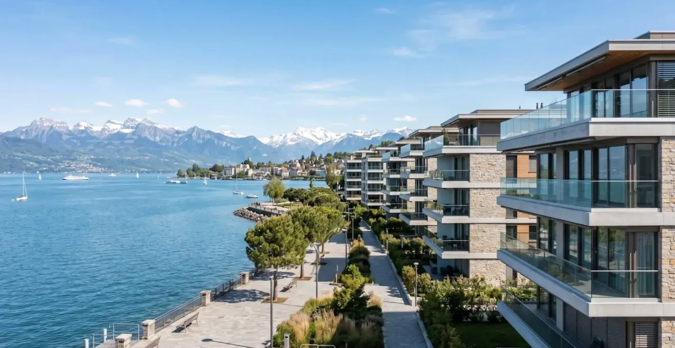 Vue en grand angle d'immeubles résidentiels contemporains au bord du lac Léman à Lausanne avec montagnes en arrière-plan