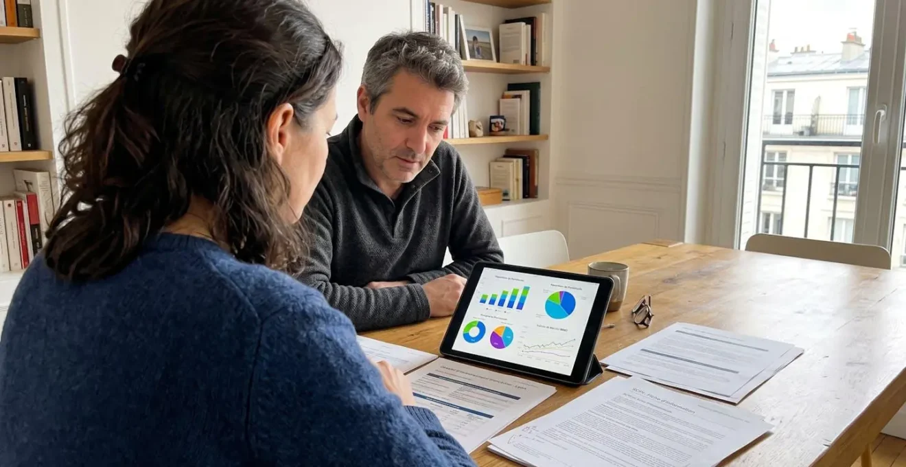 Un couple quadragénaire consulte ensemble des documents sur une tablette dans un salon contemporain lumineux, vue par-dessus l'épaule