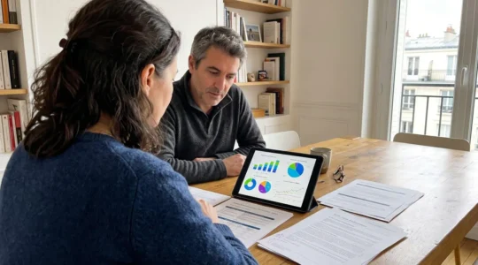 Un couple quadragénaire consulte ensemble des documents sur une tablette dans un salon contemporain lumineux, vue par-dessus l'épaule