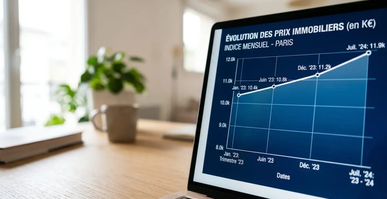 Écran d'ordinateur affichant un graphique d'évolution des prix immobiliers avec une courbe de tendance haussière et des données chiffrées floues