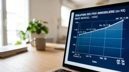 Écran d'ordinateur affichant un graphique d'évolution des prix immobiliers avec une courbe de tendance haussière et des données chiffrées floues
