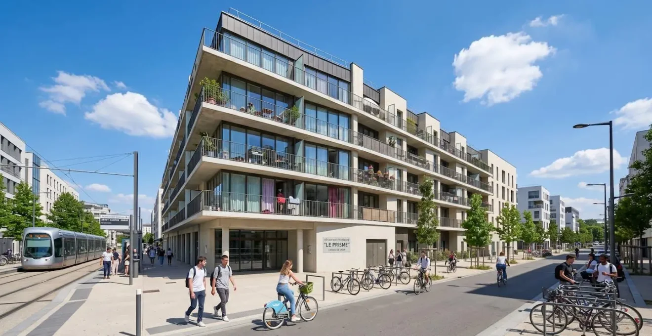Façade extérieure d'une résidence étudiante française moderne avec architecture contemporaine, balcons et grandes baies vitrées, rue européenne calme