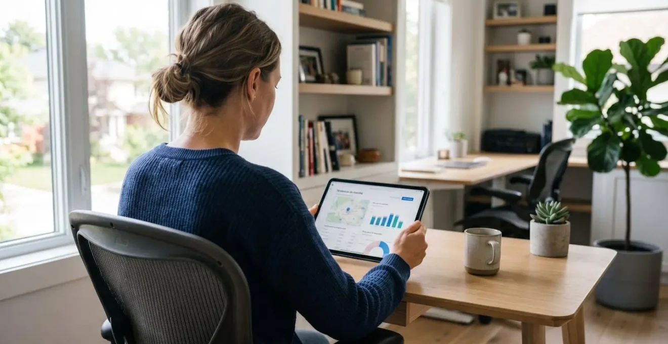 Vue par-dessus l'épaule d'une personne analysant des graphiques immobiliers sur une tablette dans un bureau moderne