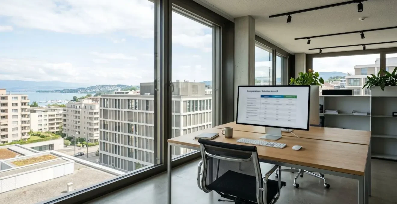 Bureau lumineux contemporain avec grand écran d'ordinateur affichant un tableau comparatif flouté, chaise ergonomique vide, large fenêtre donnant sur une architecture urbaine suisse moderne