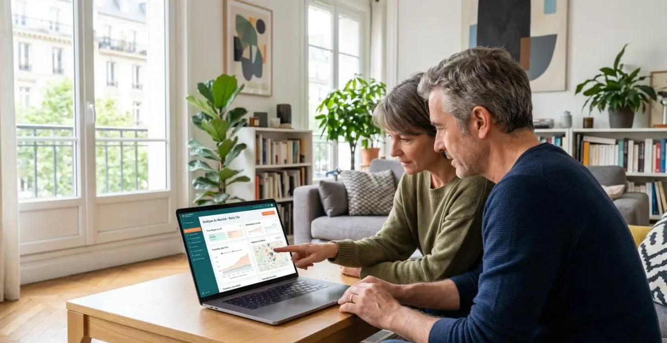 Deux personnes vues de dos ou de profil, une femme d'environ cinquante ans et un homme d'environ cinquante-cinq ans, regardent ensemble l'écran d'un ordinateur portable affichant un tableau de bord analytique immobilier dans un salon lumineux contemporain