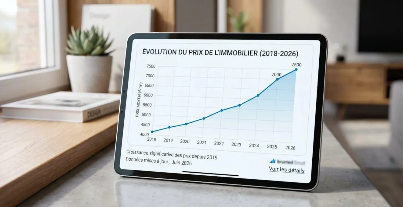 Gros plan sur une tablette affichant un graphique d'évolution des prix immobiliers avec une courbe ascendante, posée sur un bureau contemporain lumineux